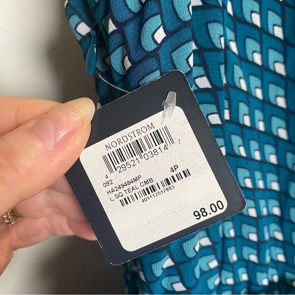Halogen Teal Blue Square Print Sleeveless Dress Pleated Skirt Sz 4P NWT - Picture 5 of 6